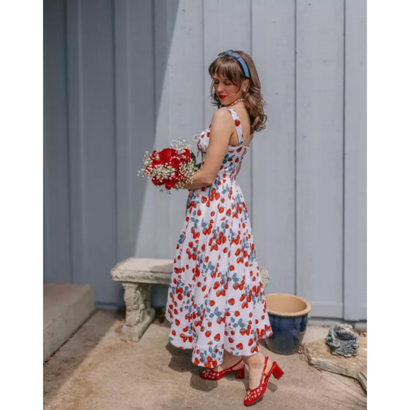 Reformation Balia Linen Sleeveless Basque-Waist Midi Dress Strawberry Jam US 2 Reformation Balia Linen Sleeveless Basque-Waist Midi Dress Strawberry Jam US 2